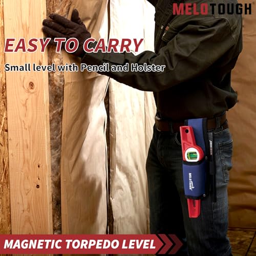 MELOTOUGH 10 Inch Die-Cast Magnetic Torpedo Level,Magnetic Level for Carpenter,Construction,Scaffolding, Plumbing,Torpedo Level with Rare Earth Magnet,Pencil and Holster,Red - color: Red-1pcs