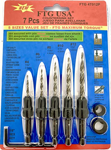 FTG USA 5 Pc Wood Countersink Set #4#6#8#10#12 w/ 2 Depth Stop Collars - size: #4#6#8#10#12, style: with Depth Stop