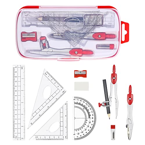 Unjoo Math Geometry Set 10 Pcs, Compass and Protractor for Students (Red - color: Red1