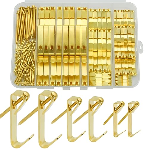 200Pcs Picture Hanging Kit with Nails & Hooks 10/30/50lb for Drywall - style: Gold