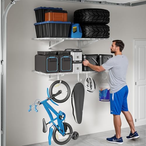 FLEXIMOUNTS 2-Pack 2x4ft Garage Shelving with Hooks, 600lbs Load, White - color: White, size: 2 pack-2x4 ft w/hooks