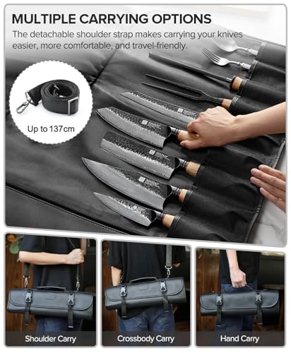 XINZUO 9-Slot Leather Chef Knife Roll Bag with Strap - color: All-black microfiber knife roll