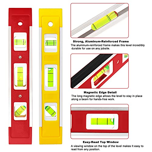 2PCS 9-Inch Magnetic Torpedo Level, Small Spirit Level with 3 Bubble Vials 45° 90° 180° for Home Renovation, Hanging Pictures, Shelves & Construction(Red+Yellow) - color: Red+yellow