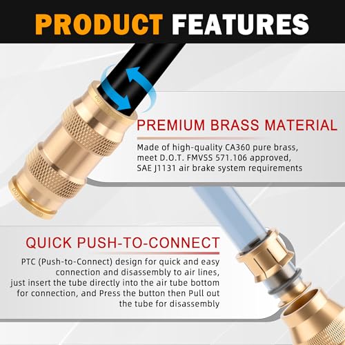 5PCS 1/2" Air Brake Line Fitting, DOT Brass Quick Push to Connect - color: 5PCS-DOT Push-to-Connect, size: 1/2" Od