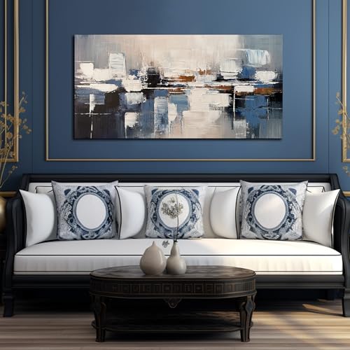 AUUZAIUA Abstract Canvas Wall Art Blue and White Oil Painting 24x48 Inch - size: 24"L x 48"W