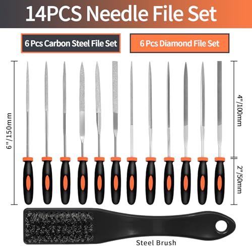 KUZURYU 14PCS Needle File Set - Small Diamond Files with 6 Jeweler's Files & 6 Steel Files （150mm）for DIY, Jewelry, Plastic, Wood & Metal Crafting – with Storage Bag & Steel Brush - size: Needle File-14PCS
