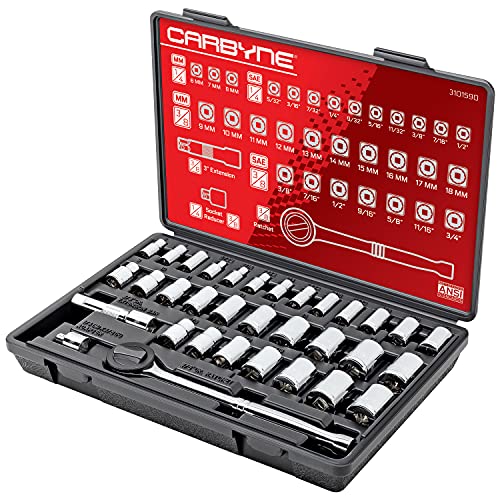Carbyne 34-Piece 1/4 & 3/8 in. Drive Socket & Ratchet Set, SAE & Metric