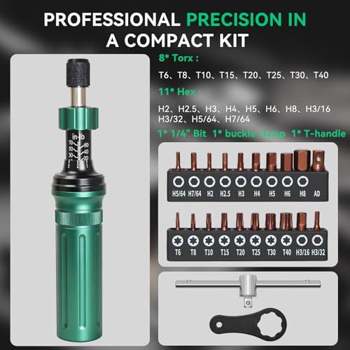 Inch Pound Torque Screwdriver Set, 10-70 in-lb, 1/4" Drive, 24 PCS - color: Army Green