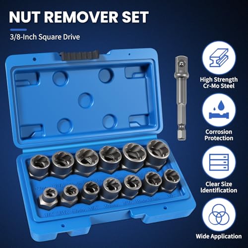 14 Piece Bolt Extractor Kit,Stripped Bolt & Lug Nut Remover Set,3/8" Drive Extractor Socket Set, SAE/Metric for Damaged, Rusted, Frozen Nuts and Bolts - color: 14pcs