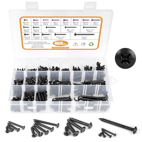 460PCS Black Stainless Steel Wood Screws Assortment Kit, 18 Sizes #4#6#8#10#12 Pan Head Sheet Metal Screws Self Tapping Screws Set for Wood Deck Drywall Concrete Screws, Length 1/4" to 2" - style: Black Pan Head 460PCS