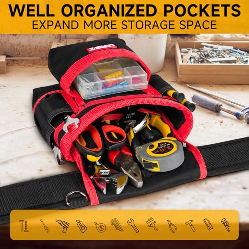 Tool Belt with 4 D-Rings,27-Pockets Tool Belts for Men,Construction - color: Red & Black, size: 27 Pockets with Magnet Pouch