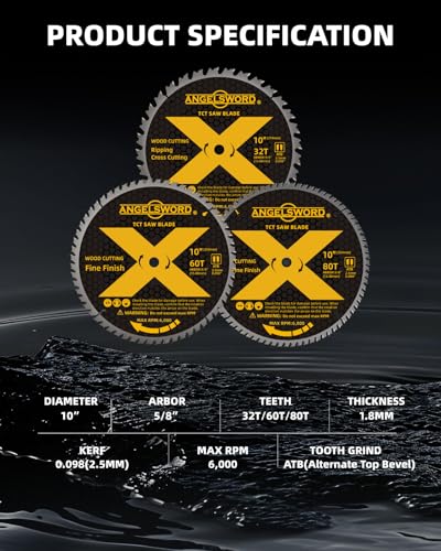 ANGELSWORD 10 Inch Table Saw Blade/Miter Saw Blade, 32T for Framing&60T for Fine Finish&80T for Ultra Fine Finish Wood Cutting, 3 Pack