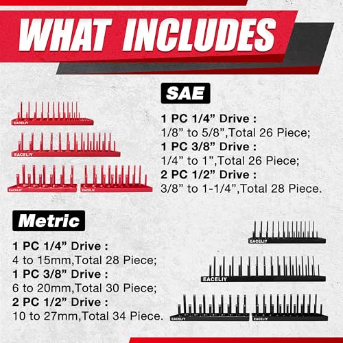 EACELIY Socket Organizer Tray Set,1/2", 1/4" and 3/8" SAE & Metric Deep & Shallow Socket Holder Kit, Deep and Shallow Socket Holders for Toolboxes(sockets not included) 丨8PCS - size: 8PCS Tools Tray