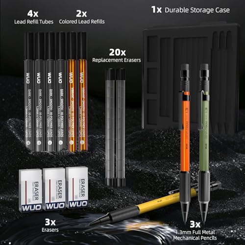 WUO 1.3mm Mechanical Pencil Set, 3 Pack Metal Mechanical Carpenter Pencils - color: 3 color