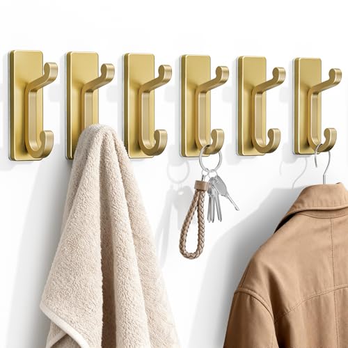 Gold Self Adhesive Wall Hooks for Coats - StainlessDouble Hook. - color: Gold, size: 6 Pack