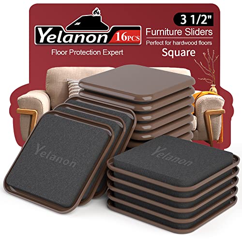 Yelanon Square Furniture Sliders – 16 PCS 3.5" Floor Protectors for Furniture – Strong Furniture Movers Sliders – Protects Floors from Scratches - size: 16pcs 3.5"brown