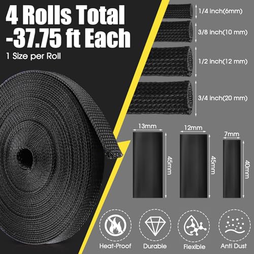 Tatuo 151 ft Braided Cable Sleeve Expandable Wire Sheathing(Black) - color: Black, size: 151 ft