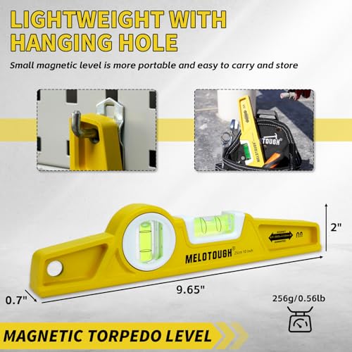 MELOTOUGH 10 Inch Die-Cast Aluminum Magnetic Torpedo Level,Small Magnetic Level for Construction,Carpentry,Scaffolding,Torpedo Level with Rare Earth Magnet,Pencil and Holster,Yellow - color: Yellow-1pcs