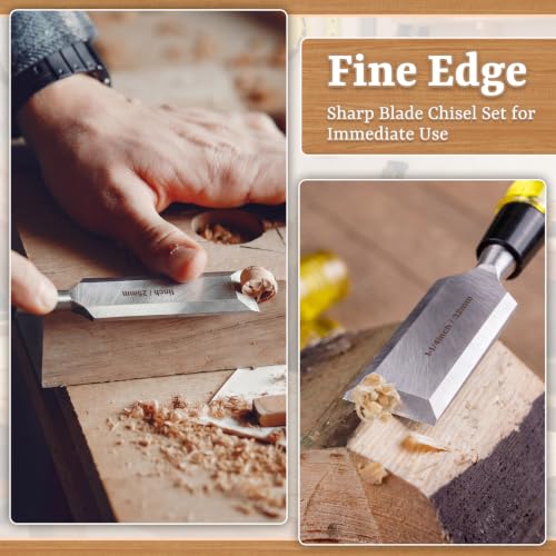 8 Pcs Woodworking Tools Set, Includes 6 Pcs Wood Chisel CR-V Steel Beveled Blades (1/4", 1/2", 3/4", 1", 1 1/4", 2"), Solid Beech Wood Mallet & SK5 Double-Edged Hand Saw for Carpenter DIY