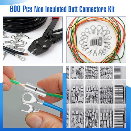 Tellegloww 600pcs Non Insulated Ring Terminal Kit, Fork Butt Connectors