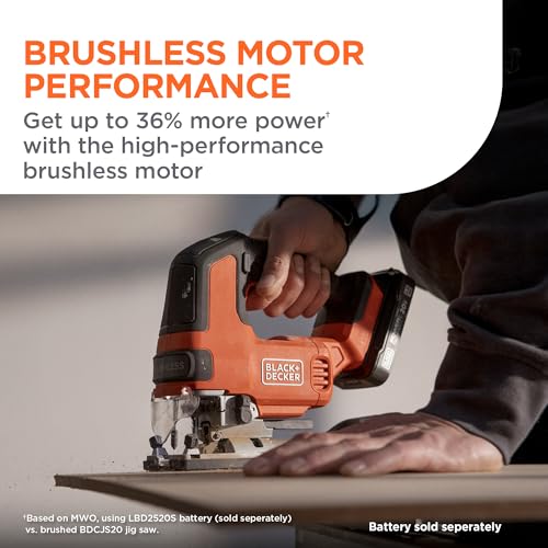 BLACK+DECKER 20V MAX POWERCONNECT Cordless Brushless Jig Saw with Two Blades for Wood, Plastic and Metal, Dust Port, 1 In. Stroke, Variable Speed Trigger, LED Light, Battery Not Included (BLJS78B) - style: Tool Only
