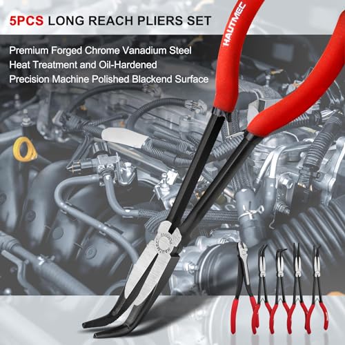 HAUTMEC 11Inch Extra Long Needle Nose Pliers Set, 5PCS Spring Loaded Heavy Duty Long Reach Pliers Include Hose Grip and Diagonal Cutting Plier, Straight and 45/90 Degree Bent Nose Pliers - color: 5pcs Long Plier Set