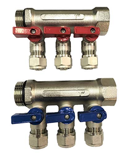 3/4" 3 Loops Plumbing Manifolds w/ 1/2" Pex Ball Valves, Red and Blue Handles