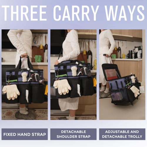 SCAVATA Rolling Cleaning Caddy Bag with Detachable Trolley, Large Cleaning Supplies Organizer with Wheels, Multi-Pocket Cleaning Cart with Adjustable Shoulder Strap for Housekeepers (CeruleanBlue) - color: CeruleanBlue