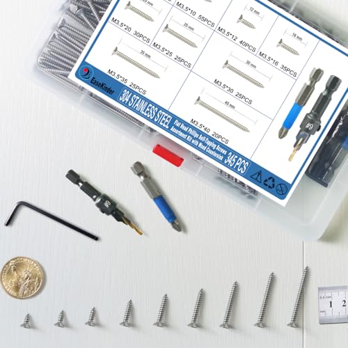 345PCS Flat Head Phillips Wood Screws Assortment Kit, 304 Stainless Steel Self-Tapping Screw with Adjustable Wood Countersink (SS304 M3.5) - size: SS304 M3.5