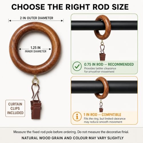 50 Pieces Natural Rosewood Wooden Curtain Rod Rings with Clips | 2 Inch Outer Diameter, 1.25 Inch Inner Dia | Fits 1 Inch Rod | Drapery Curtain Rings - size: 1.25 INCH Inner Dia