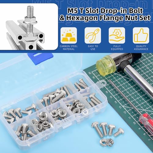 Glarks 80pcs M5 T Slot Drop-in Bolt with Hexagon Flange Nut Set, 10/12/16/20MM Hammer Head T-Bolt, T Shape Stud Sliding Screw, T Screw Stud for European Standard 20 Series Aluminum Profile - size: M5