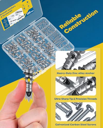 Vibit Self Drilling Drywall Anchors, Heavy Duty Wall Anchors for Drywall, Metal Dry Wall Anchors and Screws Kit, Zinc Alloy Sheetrock Anchors with #6 x 1 5/16" Screws, Picture Hanging Kit, 120 Pcs - size: 120 Pcs