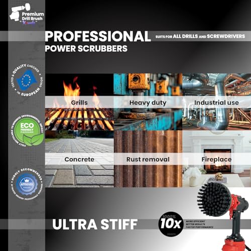 Premium Drill Brush Professional–Ultra-Stiff Black 5 pcs. Set (5/4/3.5/2in Brushes + 6in Extension) | Scratch-Free Heavy-Duty Cleaning Brushes for Concrete, Brick, Stone, Metal, Grills, Rust - color: Black