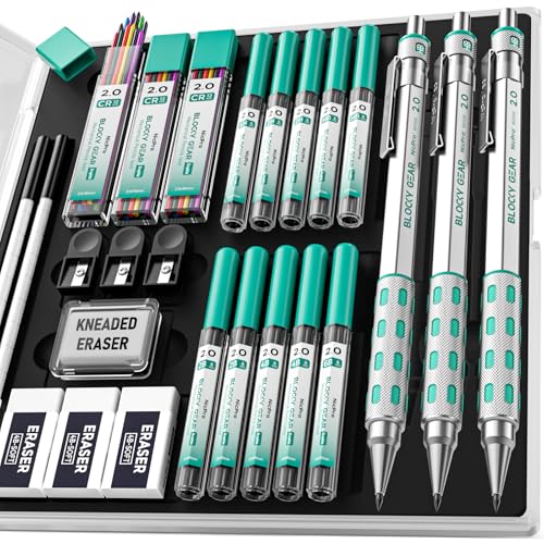 Nicpro 3 Pack Blocky Gear 2.0 mm Metal Mechanical Pencils Set with Case - style: 2.0mm