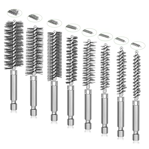 8 Pack Wire Brush Drill Bore Cleaning Brushes Set, Durable 1/4" Hex Shank Twisted Wire Brush, Different Sizes 8 9 10 11 13 15 17 19mm for Power Drill Rust