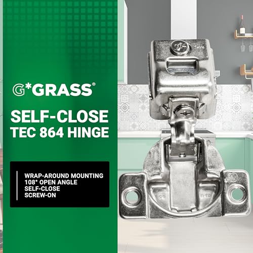 10 Pack Rok Hardware Grass TEC 864 108 Degree 1-1/4" Overlay Self Close Screw On Compact Cabinet Hinge 04493-15 3-Way Adjustment 45mm Screw Hole Pattern, G04493-15