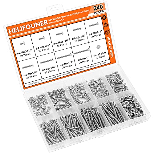 HELIFOUNER 240 Pieces #4-40 Phillips Pan Head Machine Screws Nuts Assortment Kit, Coarse Thread, Fully Machine Threaded, 304 Stainless Steel - size: #4-40, style: Phillips Pan Head