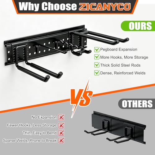 Garage Tool Organizer Wall Mount 66 inches with 13 Adjustable Heavy-Duty Hooks, Garage Organization, Garden Tool Storage Rack for Garage, Yard, and Shed, Holds Up to 520 lbs - color: Black, size: 64" | 4 Panels + 13 Hooks