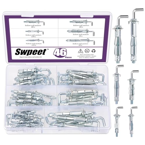Swpeet 46Pcs M4x32mm M4x38mm M5x37mm M5x52mm M6x52mm M6x65mm L-Shape Heavy Duty Hollow Wall Anchor Set, Hollow Drive Wall Anchor Screws Assortment Kit for Drywall Hollow Wall Plaster Walls