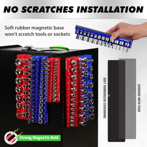 8-Piece Magnetic Socket Organizer Set, SAE & Metric Socket Holders for 1/4", 3/8", 1/2" Drive, Holds 199 Sockets, Rubber-Coated Toolbox Storage Trays, Blue and Red Tool Box Organizer - style: 8PCS Red/Blue