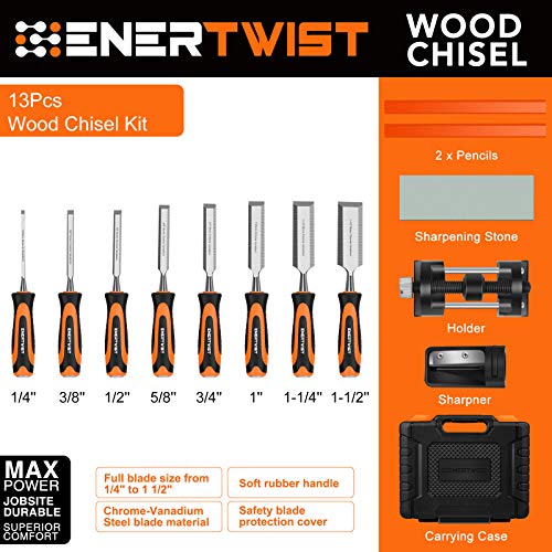 ENERTWIST 13pcs Wood Chisel Set, Premium Woodworking Chisel Sets w/ 8 CRV Construction Wood Chisels, 1 Sharpening Stone, 1 Honing Guide, 2 Carpenter Pencils, 1 Sharpener for Wood Carving in Hard Case | 8 CRV Construction Wood Chisels, 1 Sharpening Stone H