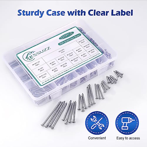 520PCS Wood Screws Assortment Kit - Stainless Steel Self Tapping Screw Set, Assorted Small Self Drilling Drywall Screws with Case, #4#6#8#10 Phillips Flat Head Sheet Metal Screws, Length 1/4" to 3"