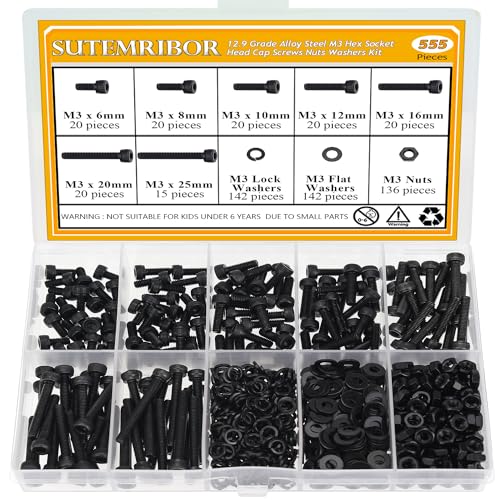 555 Pieces M3 Screws Nuts Washers Set Black, Sutemribor M3 x 6/8/10/12/16/20/25mm Hex Socket Head Cap Screws Nuts Washers Assortment Kit, 12.9 Grade Alloy Steel, Fully Threaded - size: M3 x 6-25mm, style: Socket Head