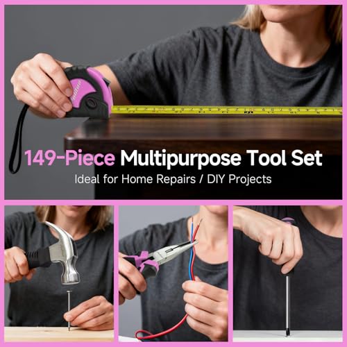 PULITUO Drill Set, 149-Piece Home Tool Set with 12V Pink Cordless Drill, Tool Box, Hand Tool Kits for Women & Men and DIY Enthusiasts, for Home Improvement - style: 12V Set（Pink）