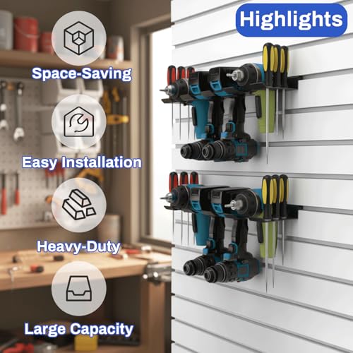 Slatwall Power Tool Organizer 2 Pack, Cordless Tool Organizer with 8 Drill Holder, Heavy Duty Slat Wall Accessories Max Loads 40Lbs for Garage, Workshop - size: 2 PACK