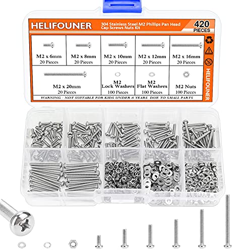 HELIFOUNER 420 Pieces M2 x 6mm /8mm /10mm /12mm /16mm /20mm, Phillips Pan Head Machine Screws, Metric Screws Bolts Washers Nuts Kit, 304 Stainless Steel - size: M2