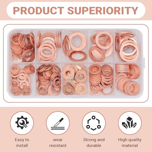200 PCS Car Copper Washers Assortment Kit, Metric Copper Crush Washer, 9 Sizes Flat Sealing Washer Assortment Kit, Universal Copper Oil Pan Plug Sealing Gaskets for Cars (Gold)