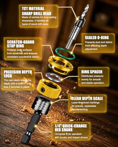 9PCS Countersink Drill Bit Set with Adjustable Depth Stopper - color: Golden, size: Standard - Manual Adjustment