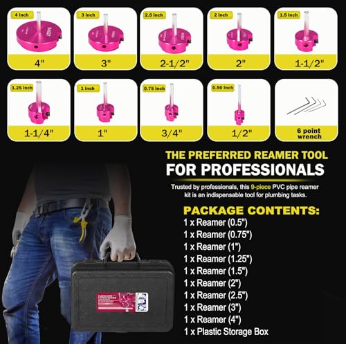 Premium 9-Piece PVC Pipe Reamer Kit, Includes Sizes 1/2", 3/4", 1", 1-1/4", 1-1/2", 2", 2-1/2", 3", 4", For Standard 1/2" Drills, Ideal for PVC, CPVC, ABS Pipes, Perfect for Plumbing Repairs