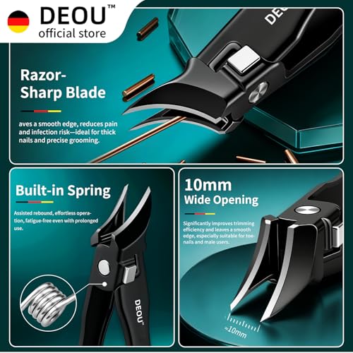 DEOU Ingrown Toenail Clippers with Nail File, Premium Stainless Steel Oblique Cutter, Anti-Splash One-Piece Casting, Manicure Tool with Keyhole, Gift Box for Thick/Hard/Fungal Nails - color: Black Diagonal Scissors